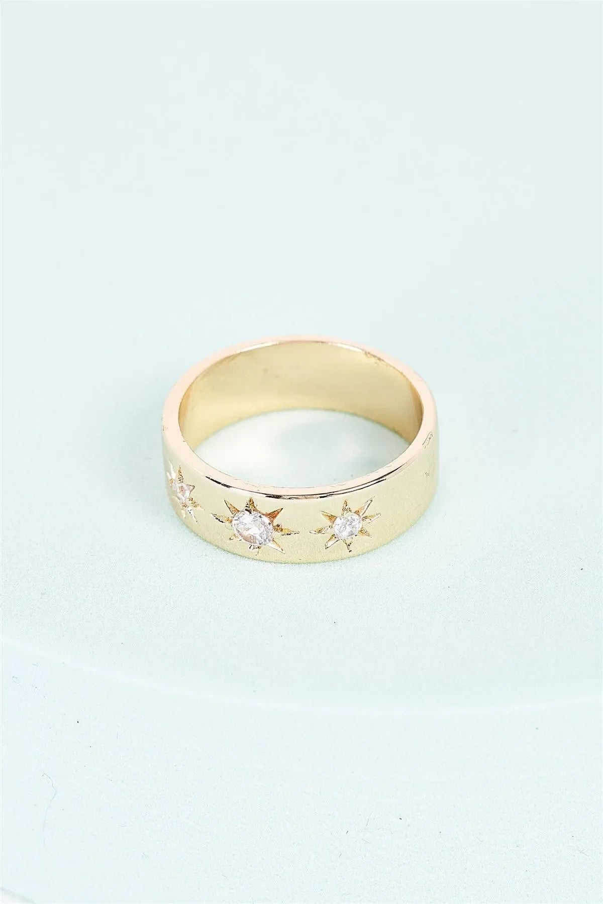 Gold Brass Star Carved Faux Diamonds Incrusted Wide Ring