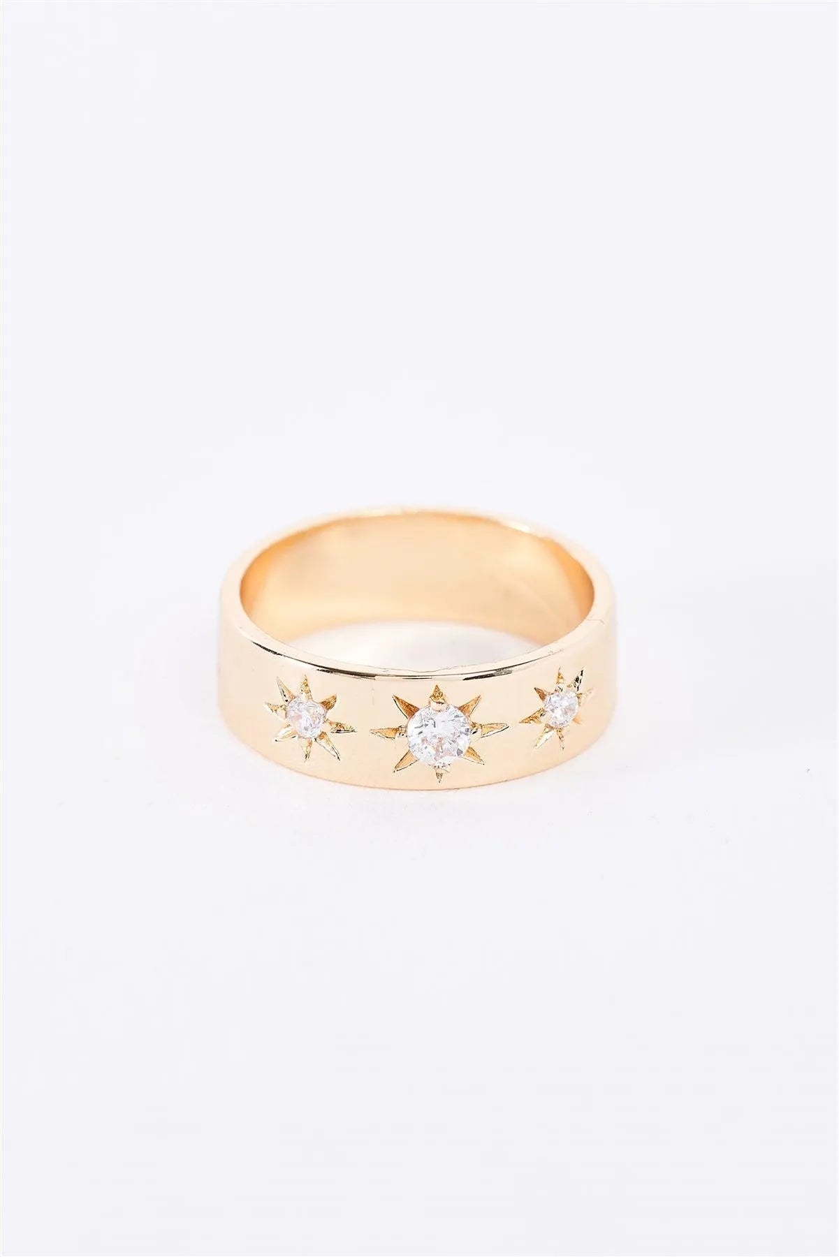 Gold Brass Star Carved Faux Diamonds Incrusted Wide Ring